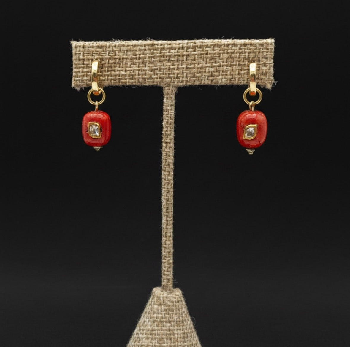 Coral and Polki Diamond Earrings, 12mm Gold Huggie
