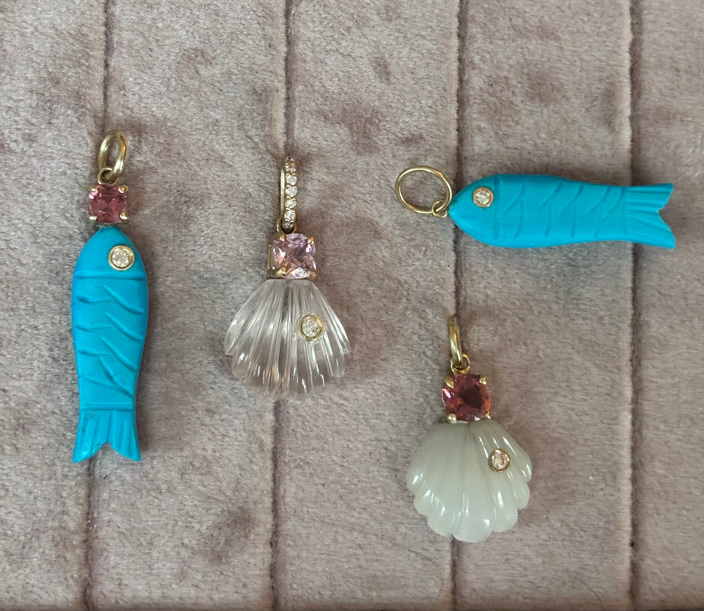 Triple Gem Fish Pendant, Turquoise with Diamond & Pink Sapphire