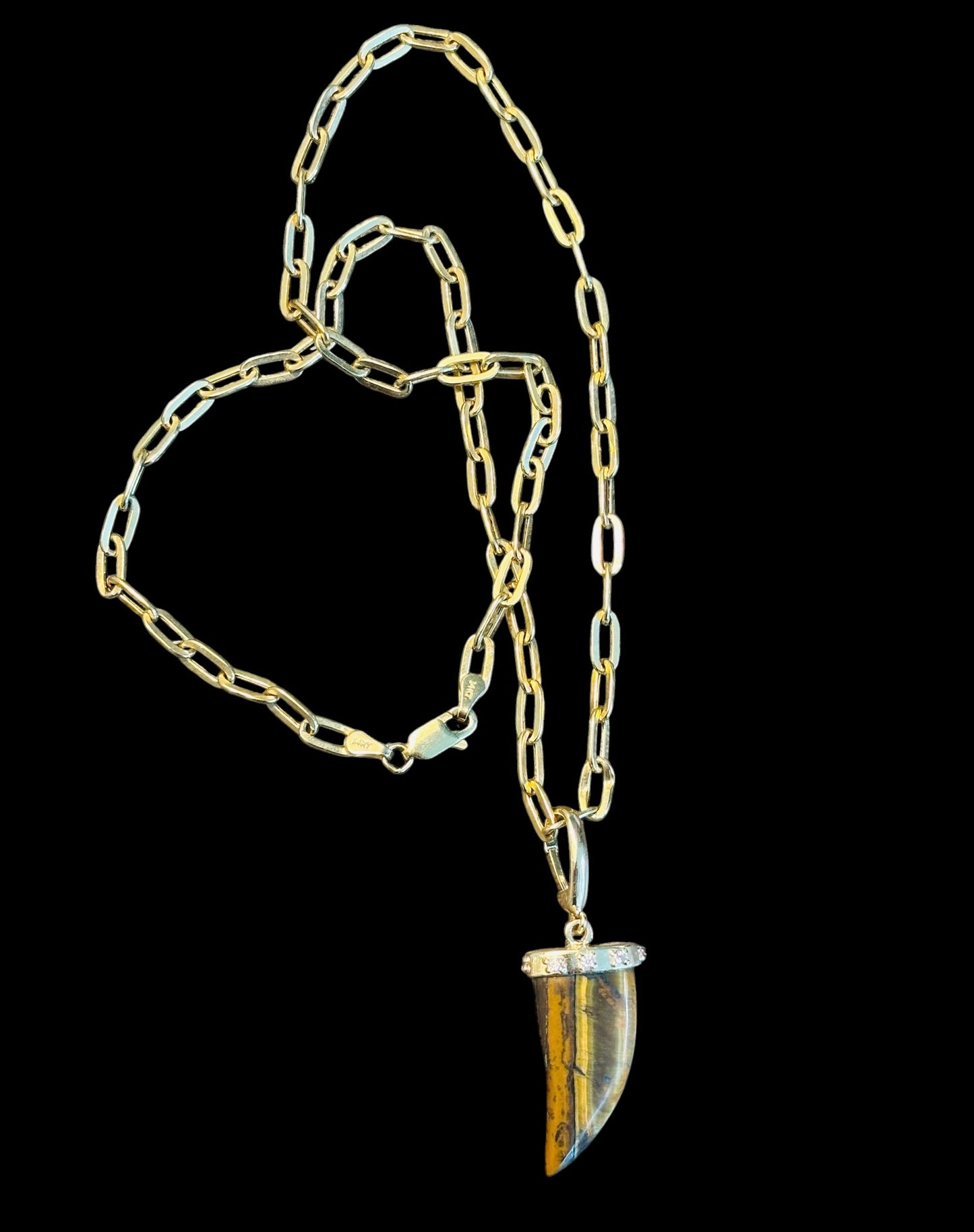 Tiger’s Eye Horn Pendant with Diamonds & 14k Gold