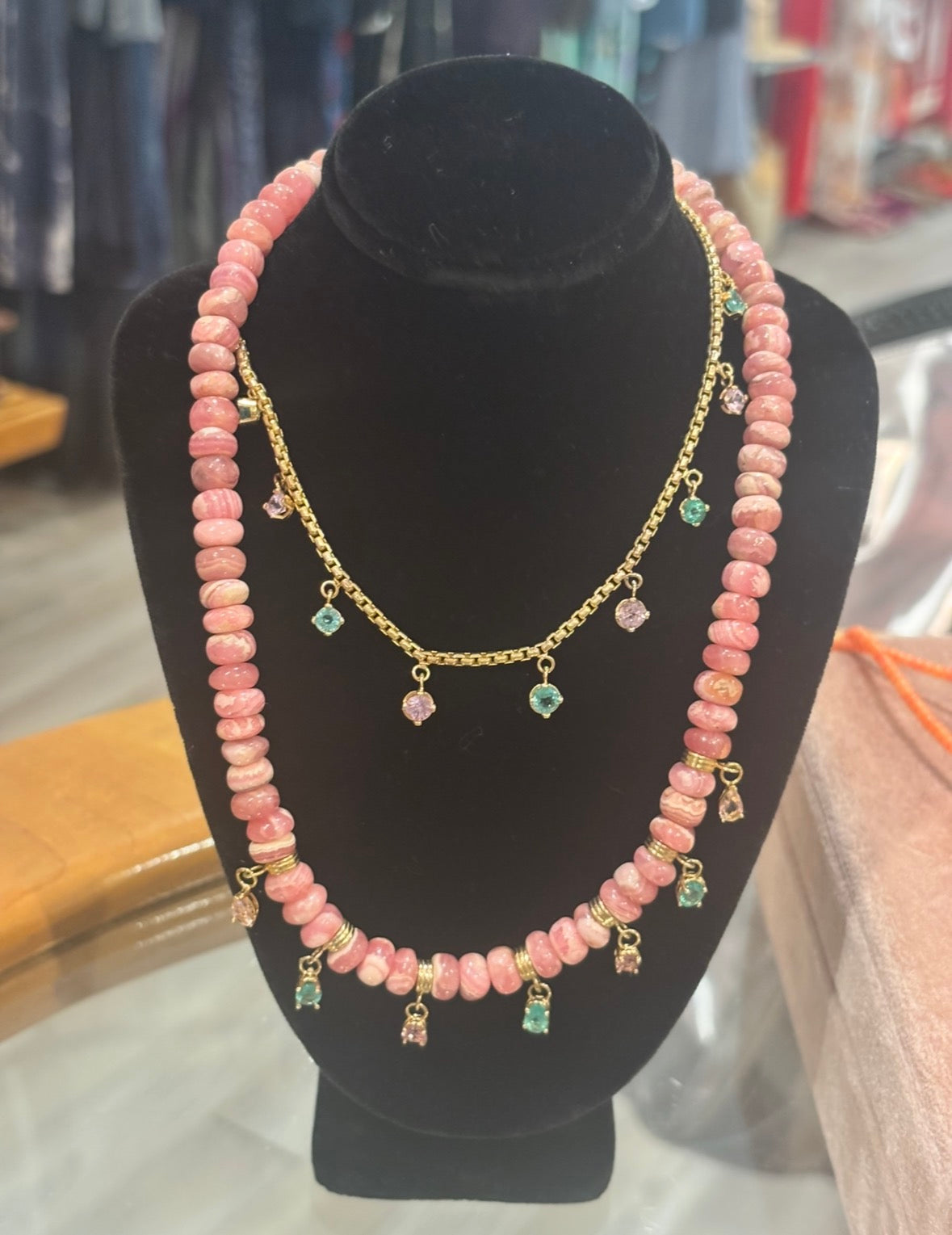 Emerald & Pink Spinel Fringe Necklace, 14k Gold