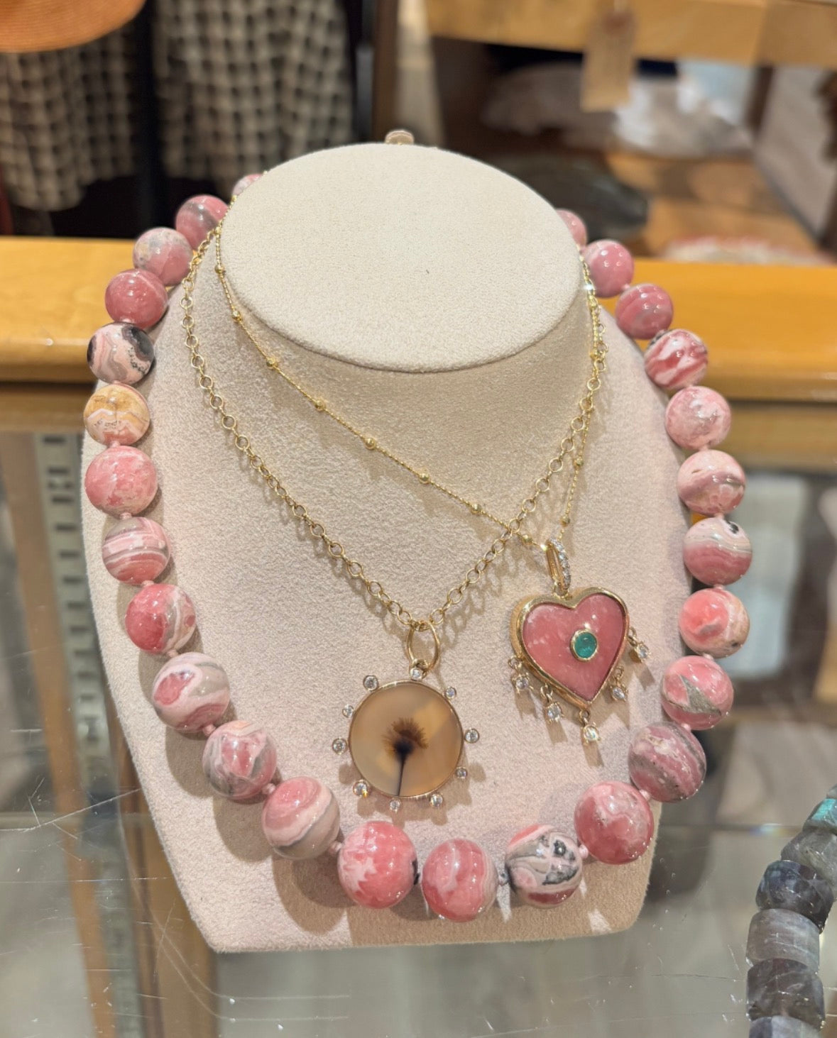 Rhodochrosite Ball Necklace with 14k Gold