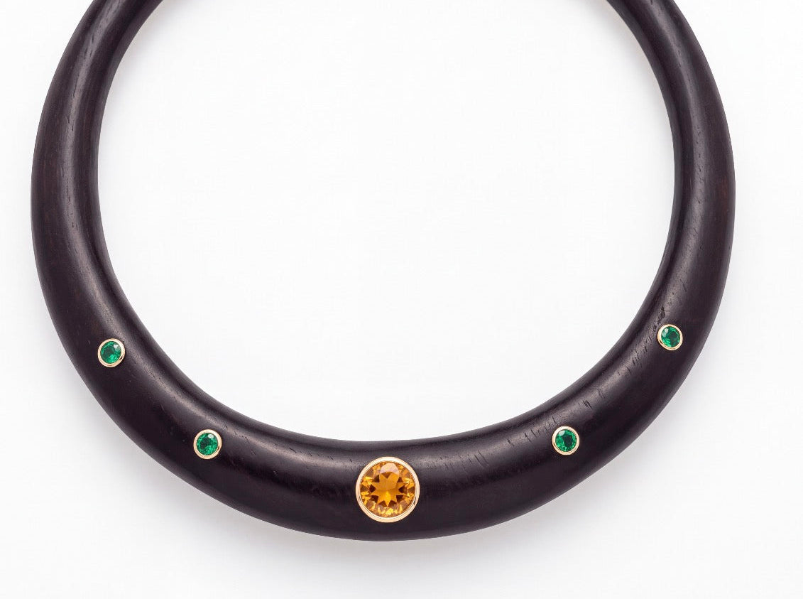 Wood Collar with Citrine & Emeralds
