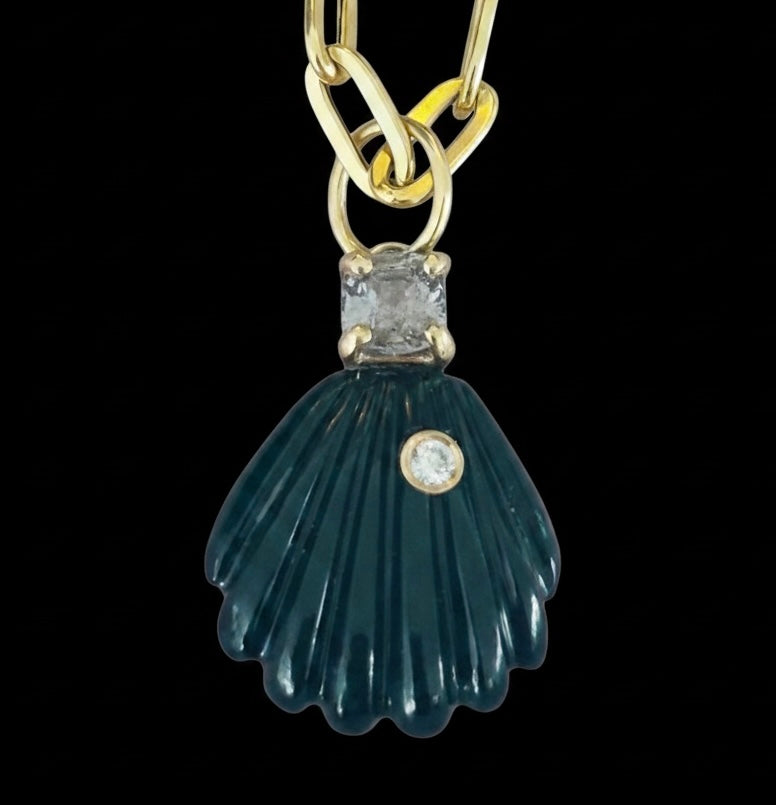 Black Onyx Shell Pendant with Diamond, Silver Spinel and 14k Gold