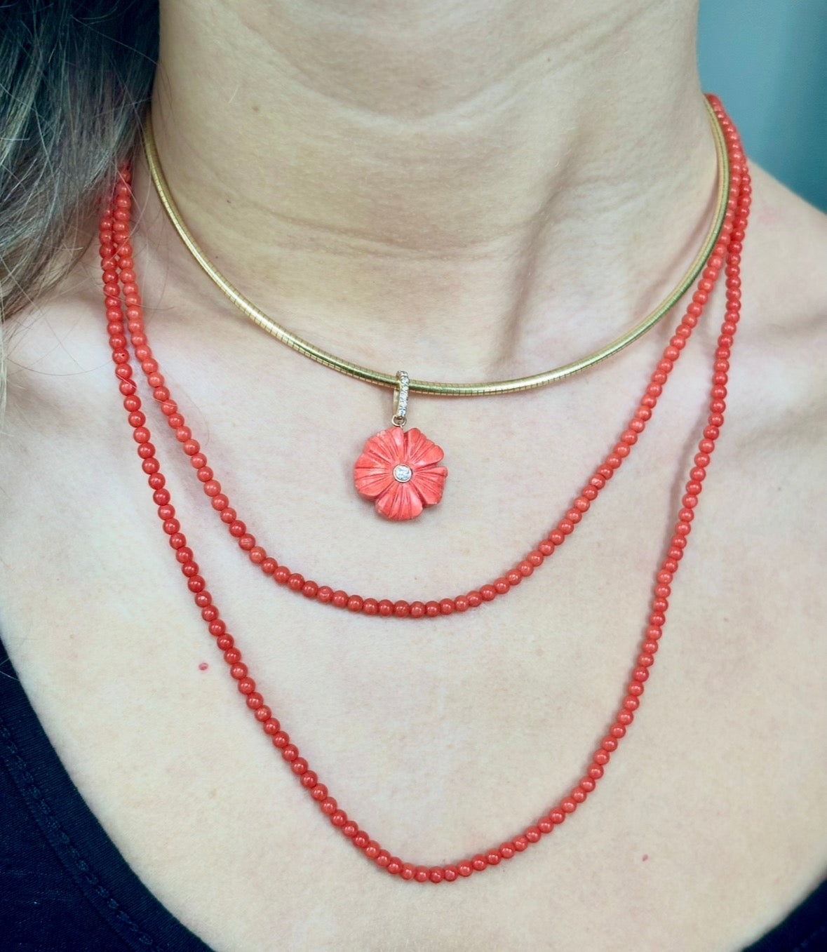 FLORA Pendant, Coral & Diamonds