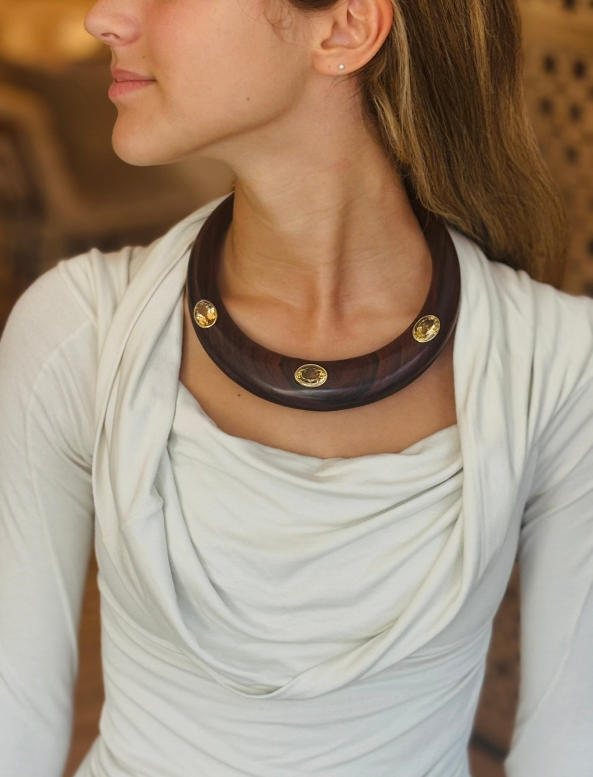 Wood Collar Necklace with Citrines, flat back