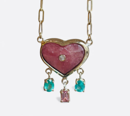 Rhodochrosite Heart Necklace with Diamond, Emeralds & Pink Spinel