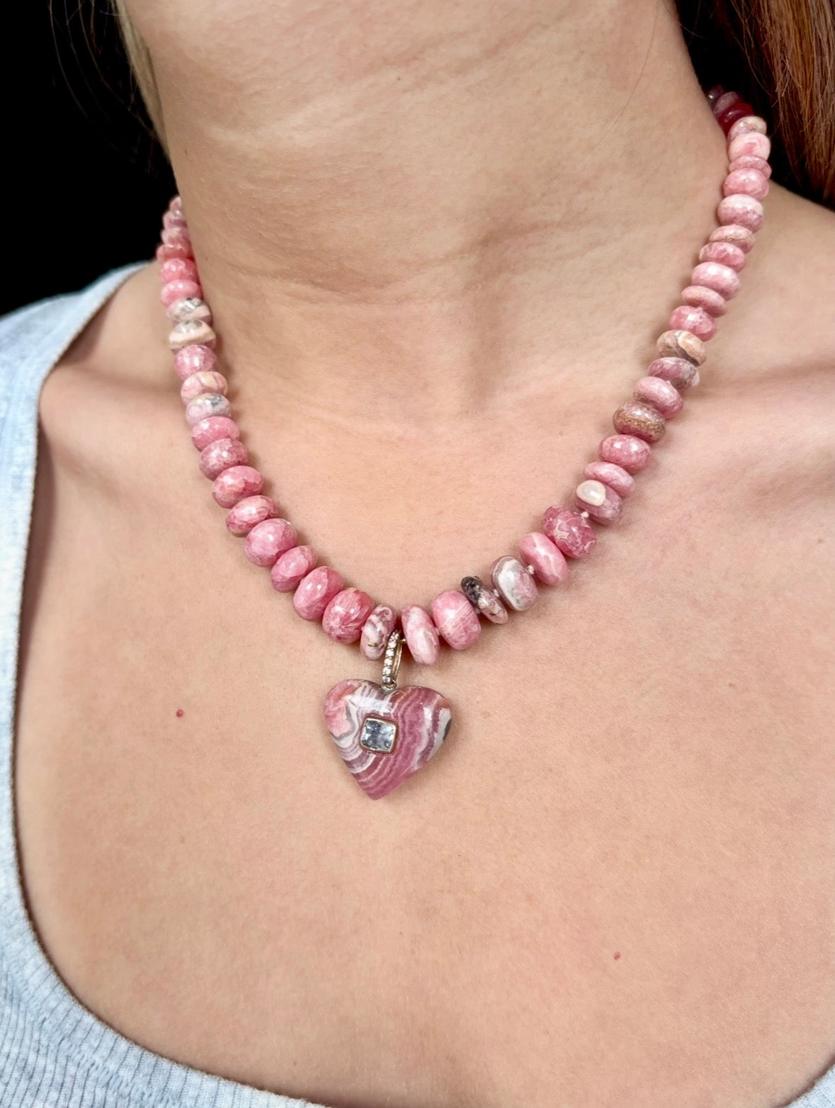 Rhodochrosite Heart Necklace with Spinel and Diamonds