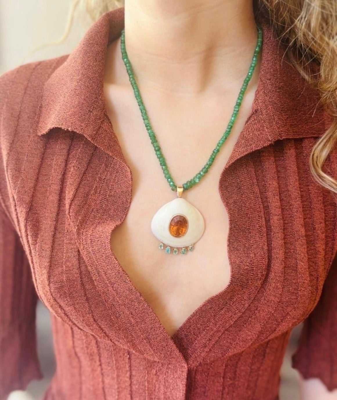 Emerald Necklace and Shell Pendant with Madeira Citrine, Emeralds & 14k Gold