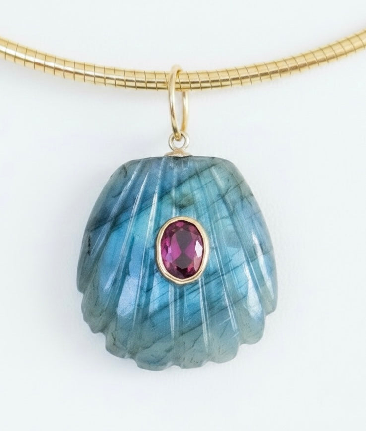 Labradorite Shell Pendant with Pink Tourmaline & 14k Gold