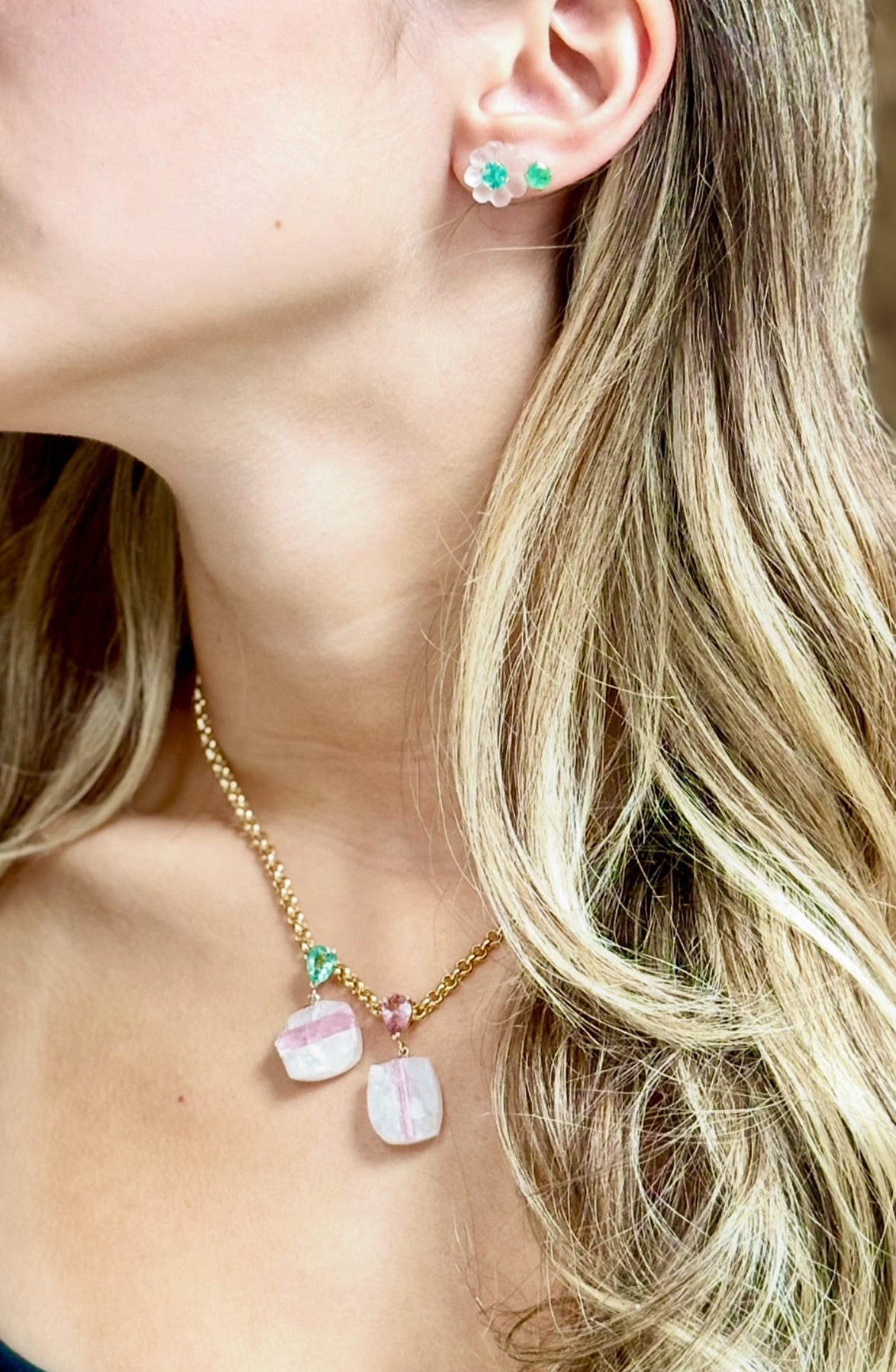 FLORA Earrings, Rock Crystal, Emeralds & 14k Gold
