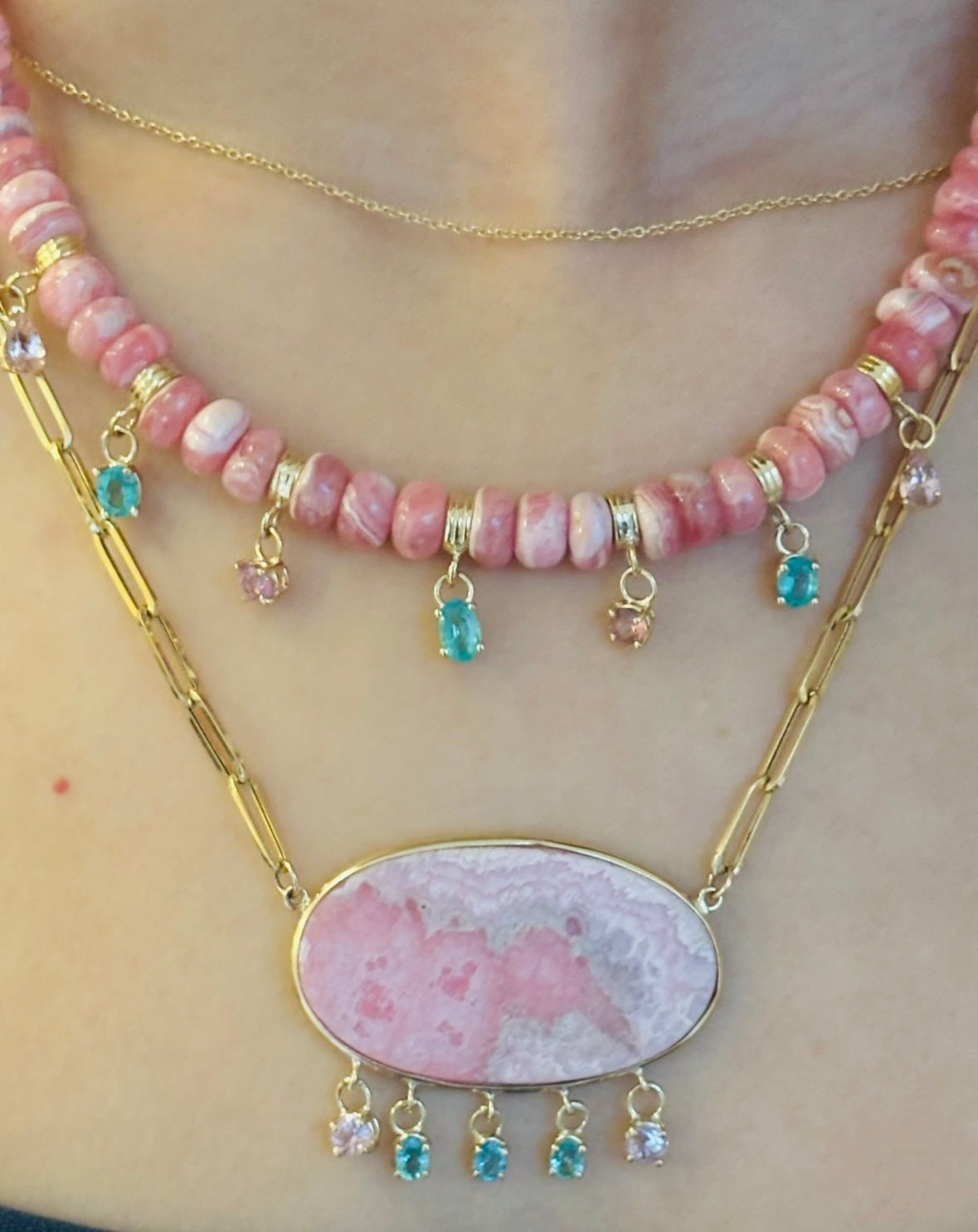 Rhodochrosite Fringe Necklace with Emeralds & Pink Spinel