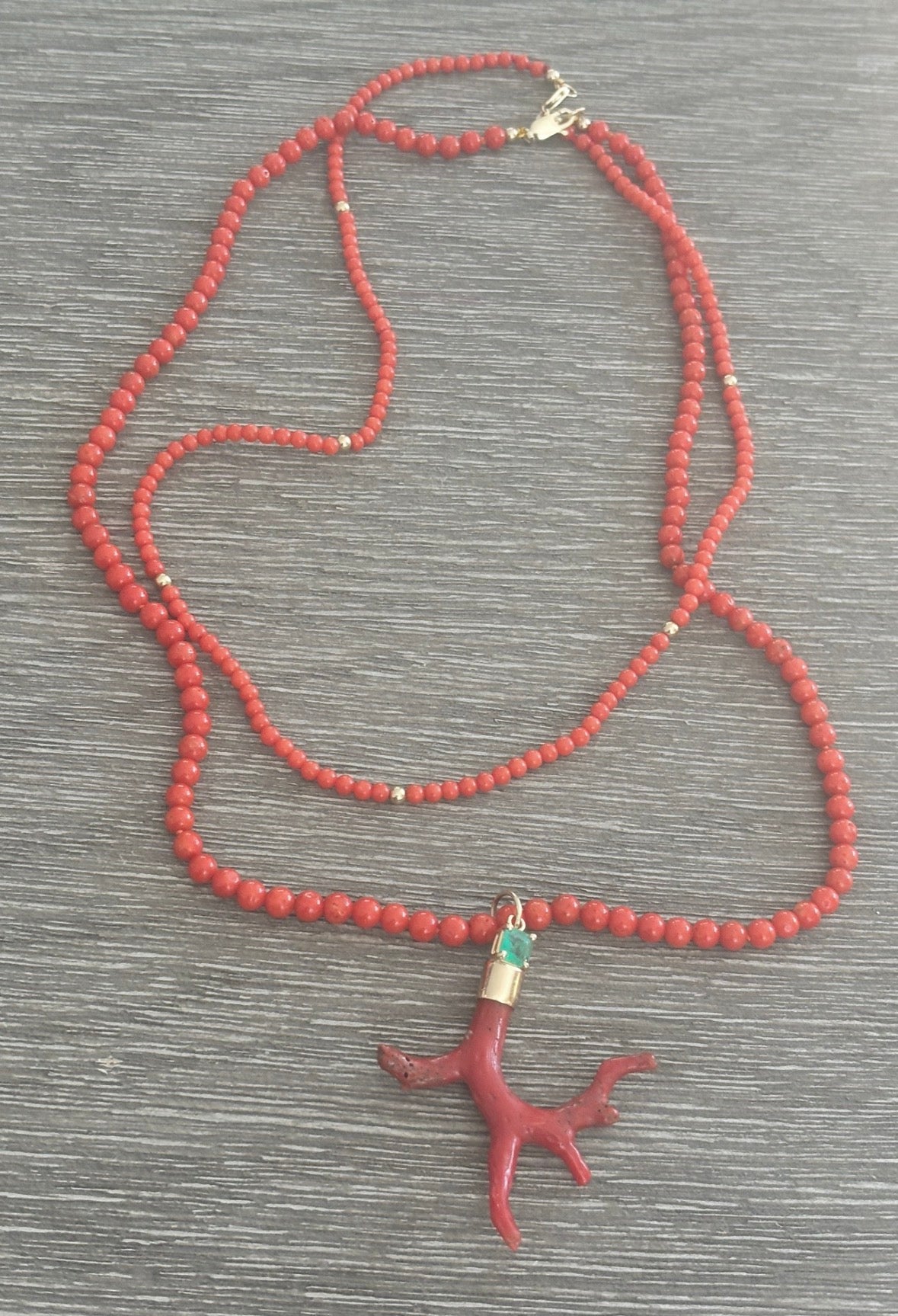 Coral Pendant with Emerald & 14k Gold