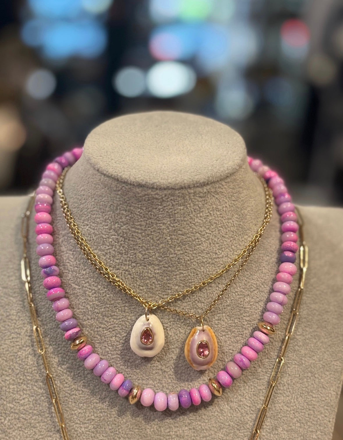 White/Purple Shell Pendant with Pink Tourmaline