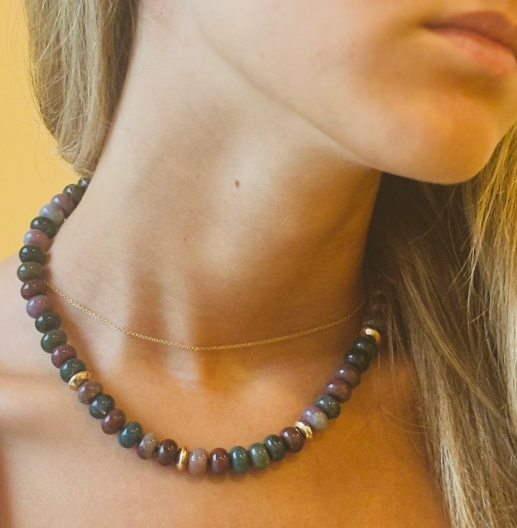 Indian Agate & 14k Gold Rondelle Beaded Necklace