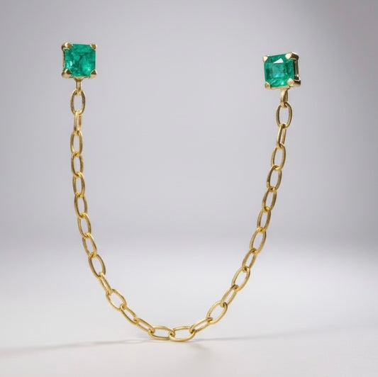Double Pierce Draped Emerald Stud Earring