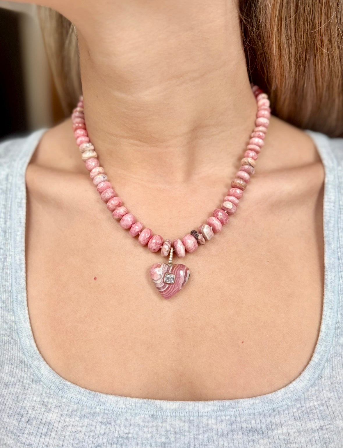 Rhodochrosite Heart Necklace with Spinel and Diamonds
