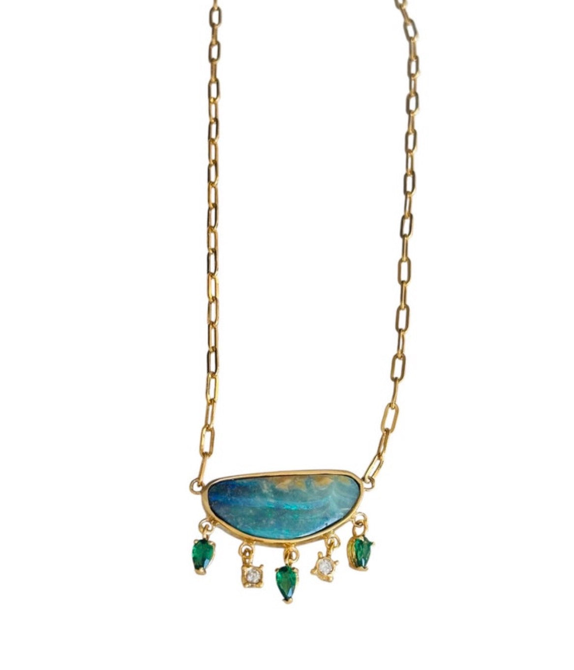 Australian Opal Necklace with Diamonds & Colombian Emeralds, 14k Paperclip Chain
