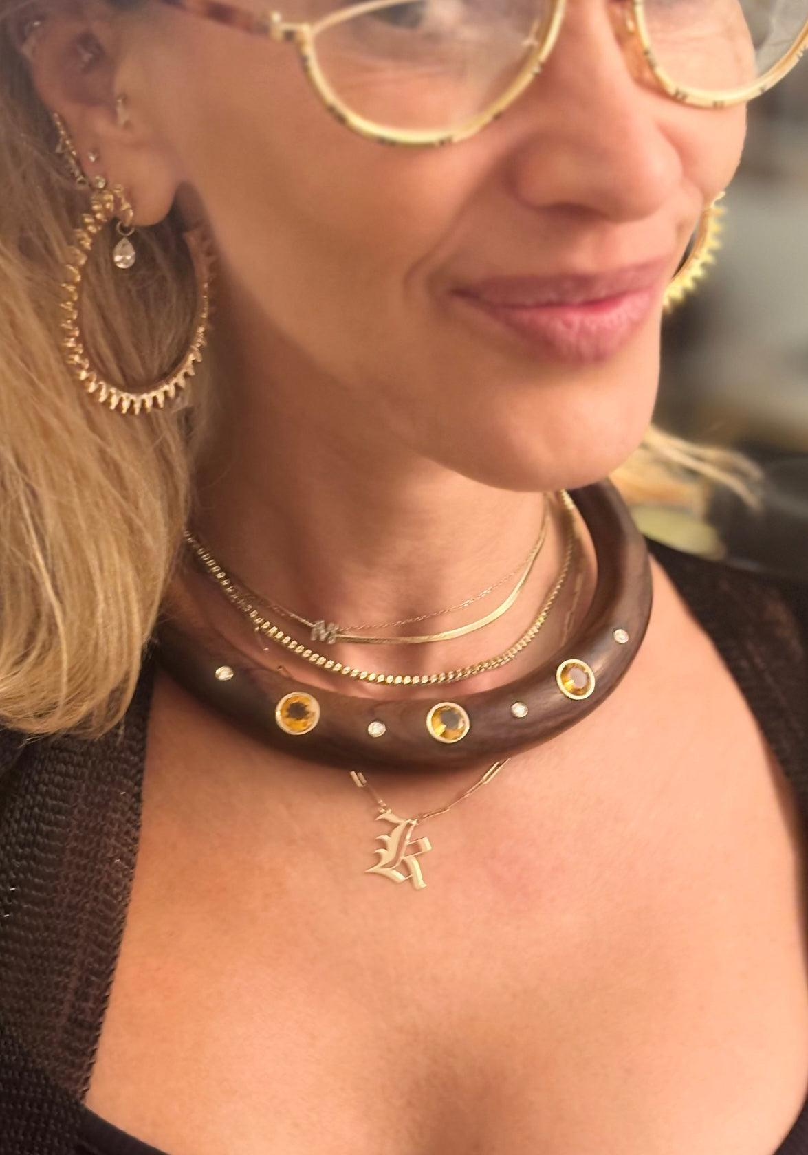Wood Collar Necklace with Round Citrines and Diamonds