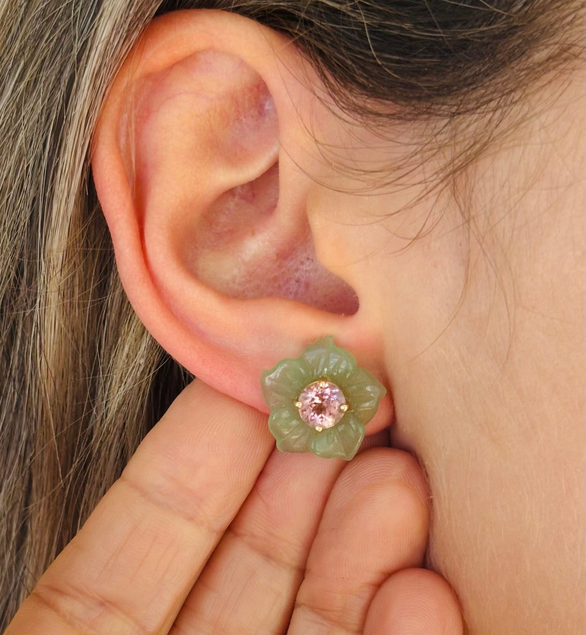 FLORA Stud Earrings, Green Aventurine with Pink Tourmaline & 14k Gold