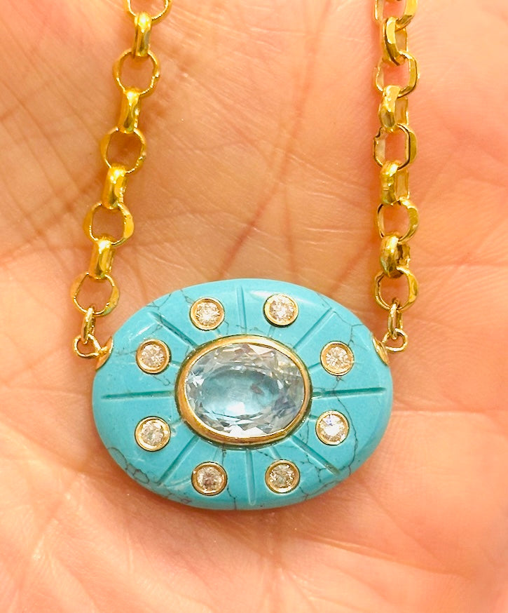 SOL Necklace, Turquoise, Sky Blue Topaz & Diamonds