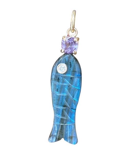 Perfect Poisson, Labradorite Fish Pendant with Diamond and Violet  Spinel