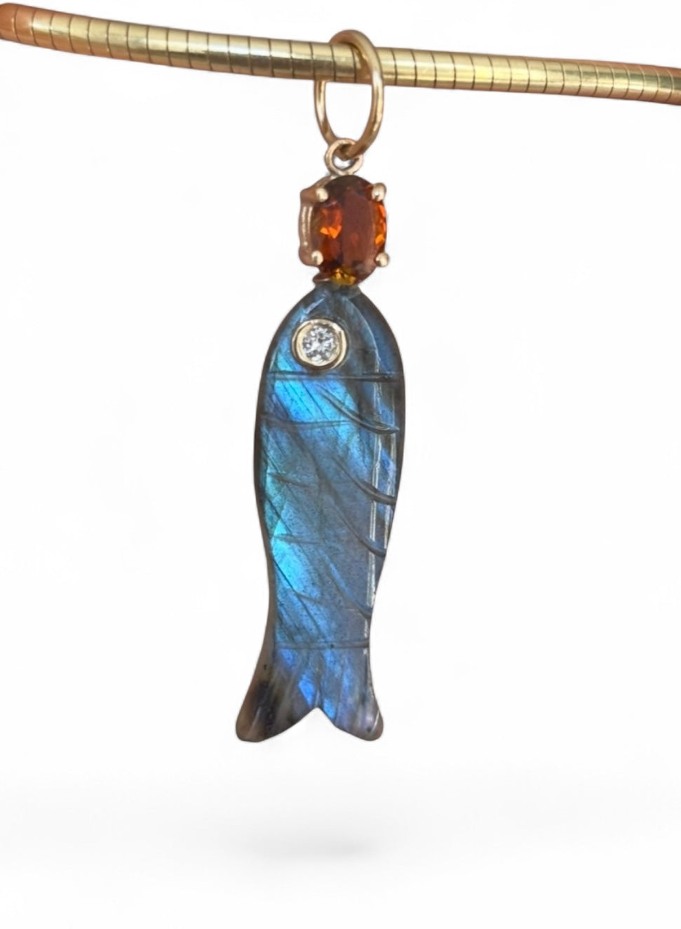 Perfect Poisson Labradorite Fish Pendant with Brown Tourmaline & Diamonds