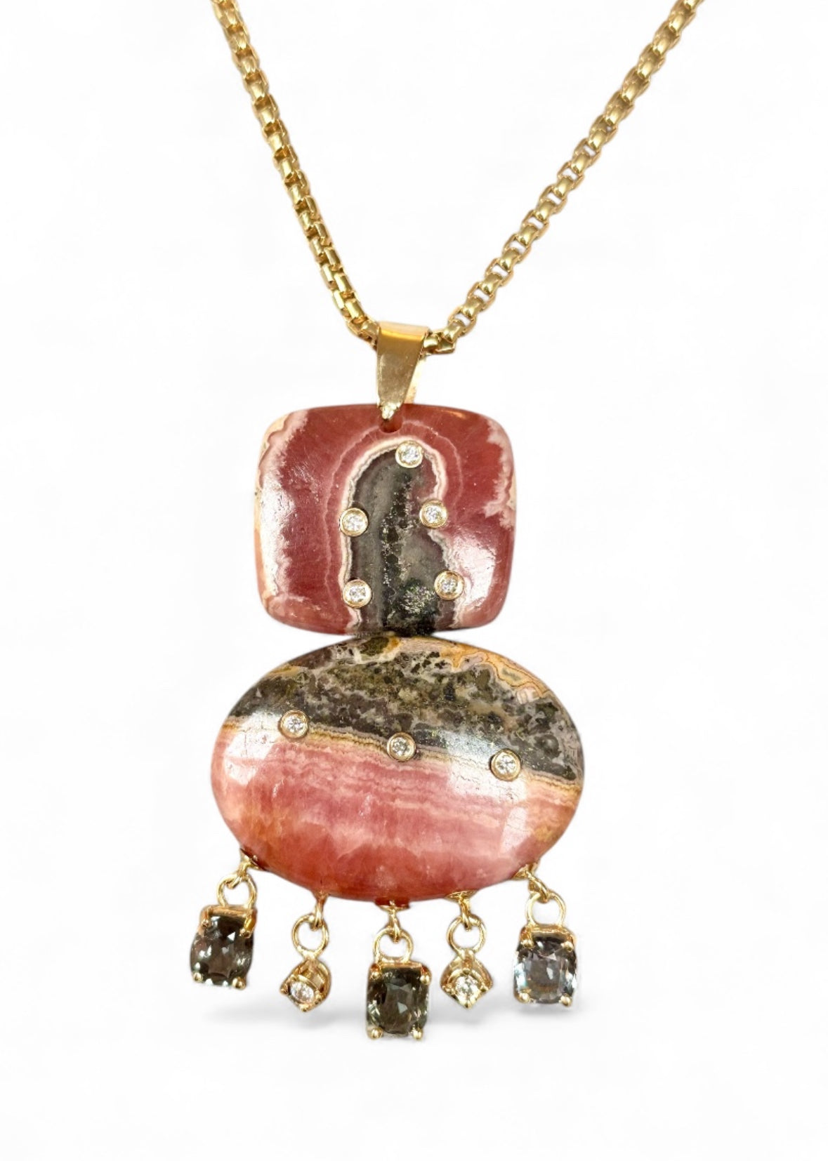 Rhodochrosite Double Pendant with Diamonds & Spinel