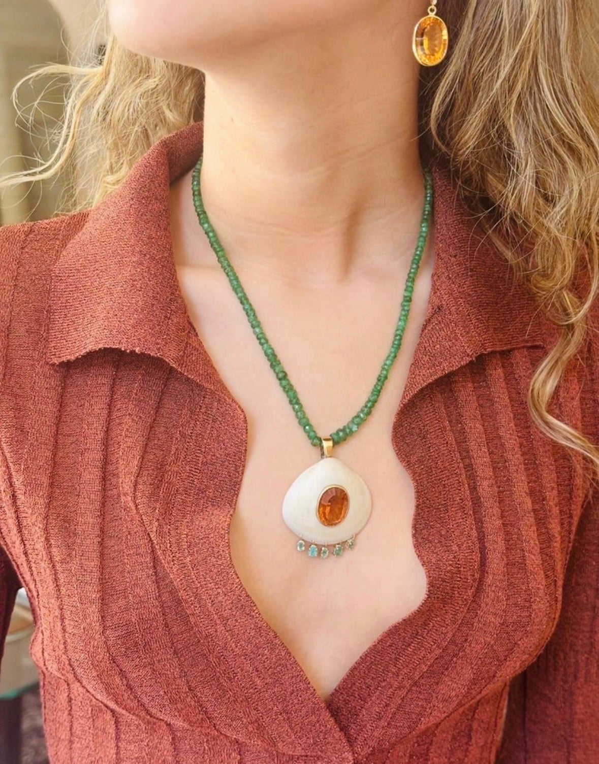 Emerald Necklace and Shell Pendant with Madeira Citrine, Emeralds & 14k Gold