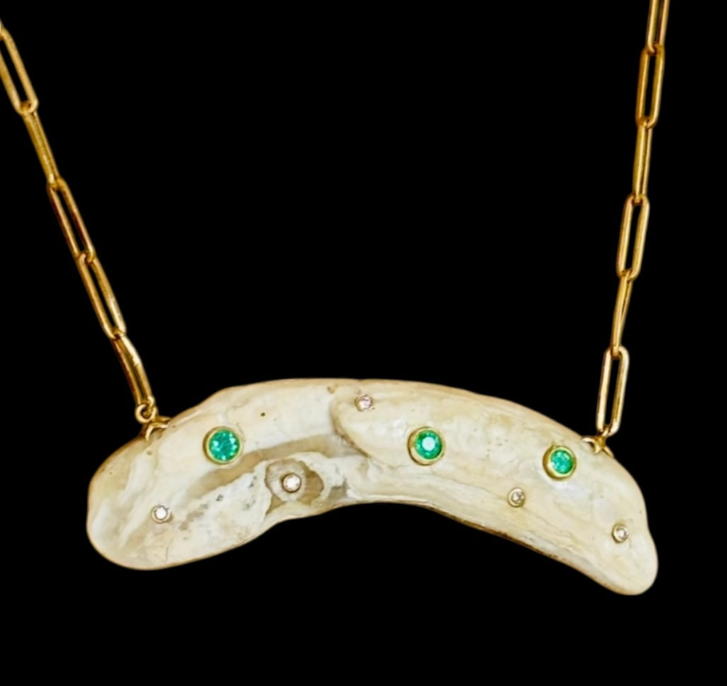 Natural Shell Necklace with Emeralds and Diamonds