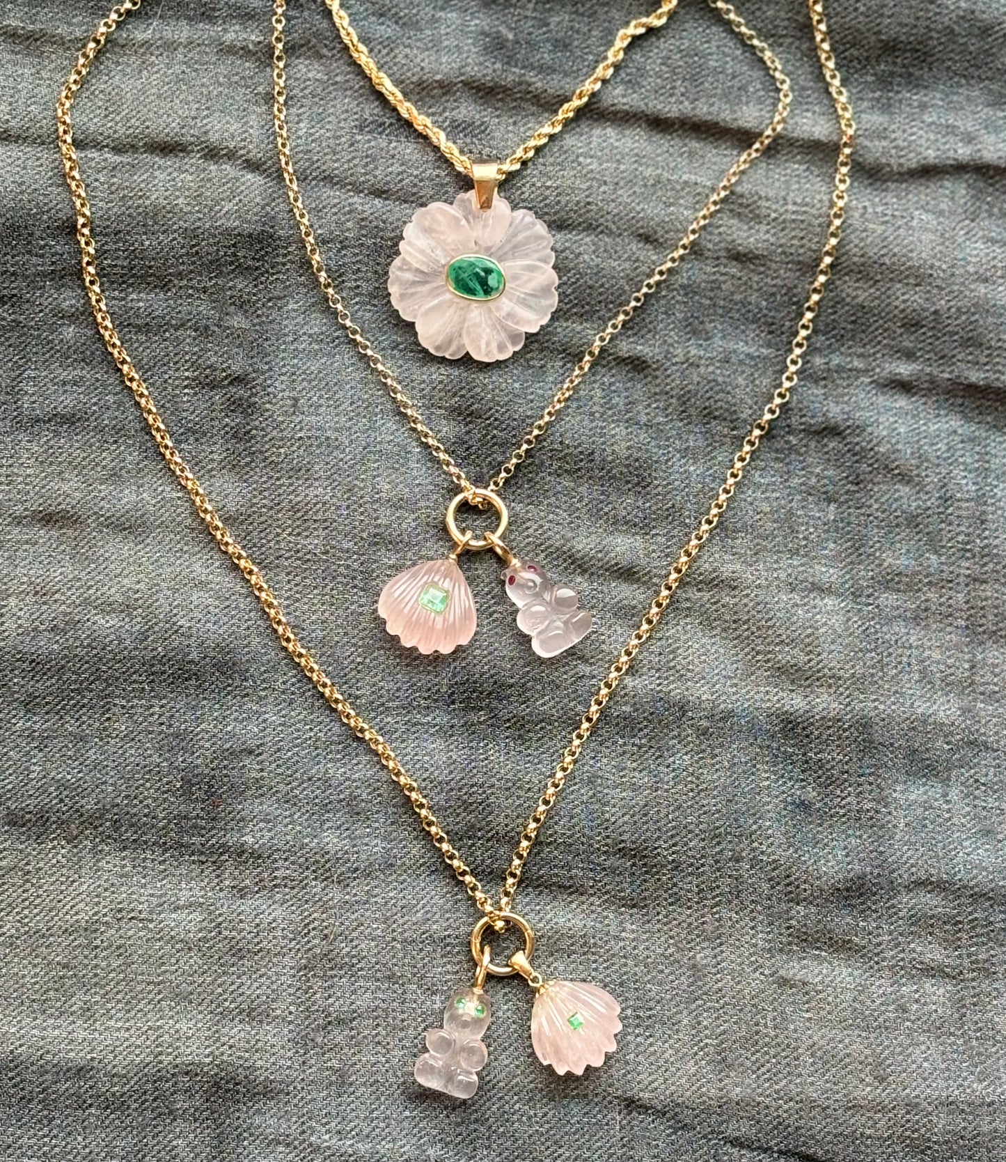 F L O R A pendant, rose quartz & tumbled Zambian emerald