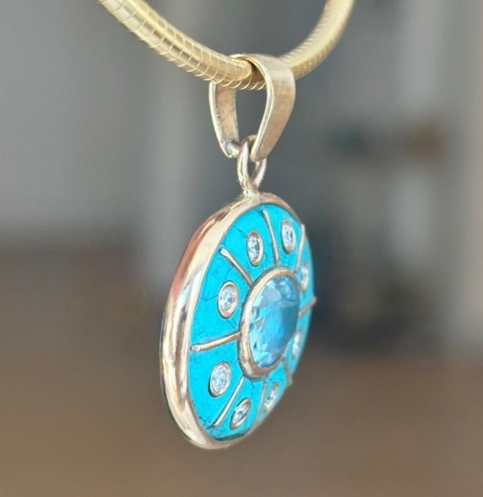 SOL Pendant, Turquoise with Sky Blue Topaz and Diamonds