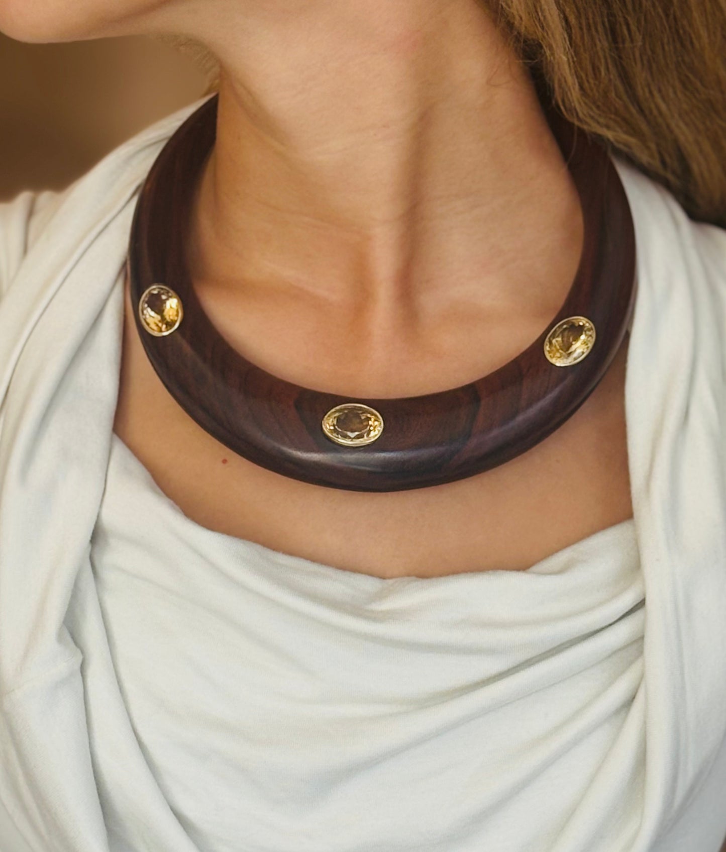 Wood Collar Necklace with Citrines, flat back