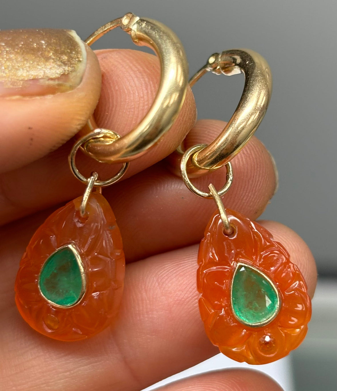 Carnelian, emerald and orange sapphire earrings