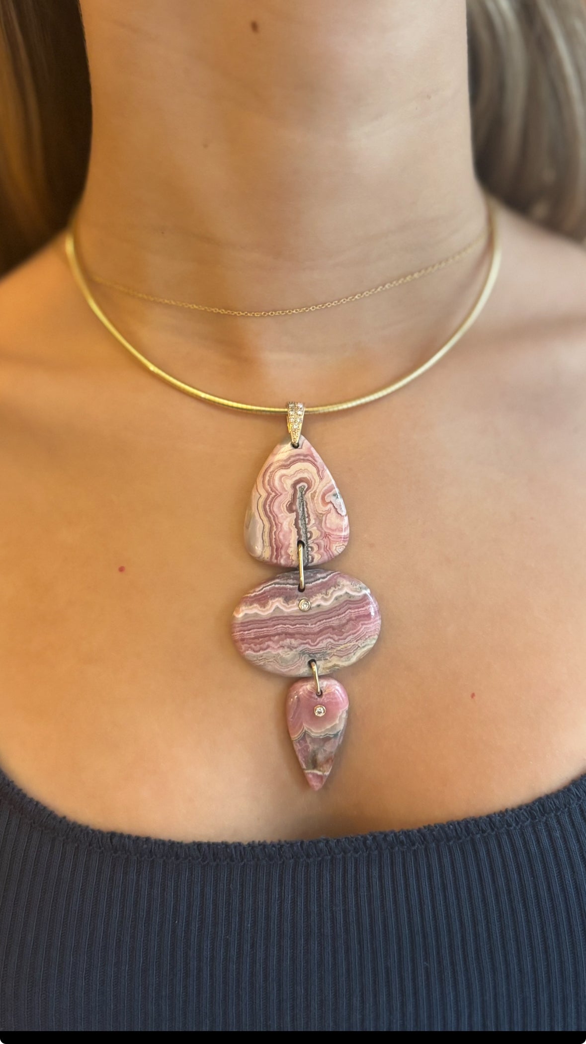 Rhodochrosite Triple Pendant with Diamonds