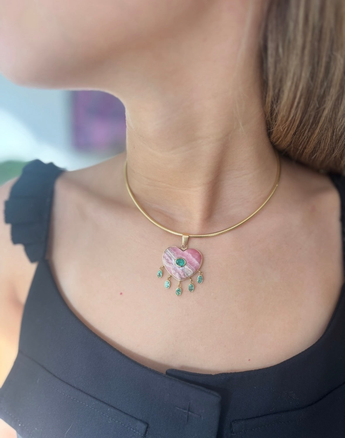 Rhodochrosite Large Heart Pendant with Emeralds