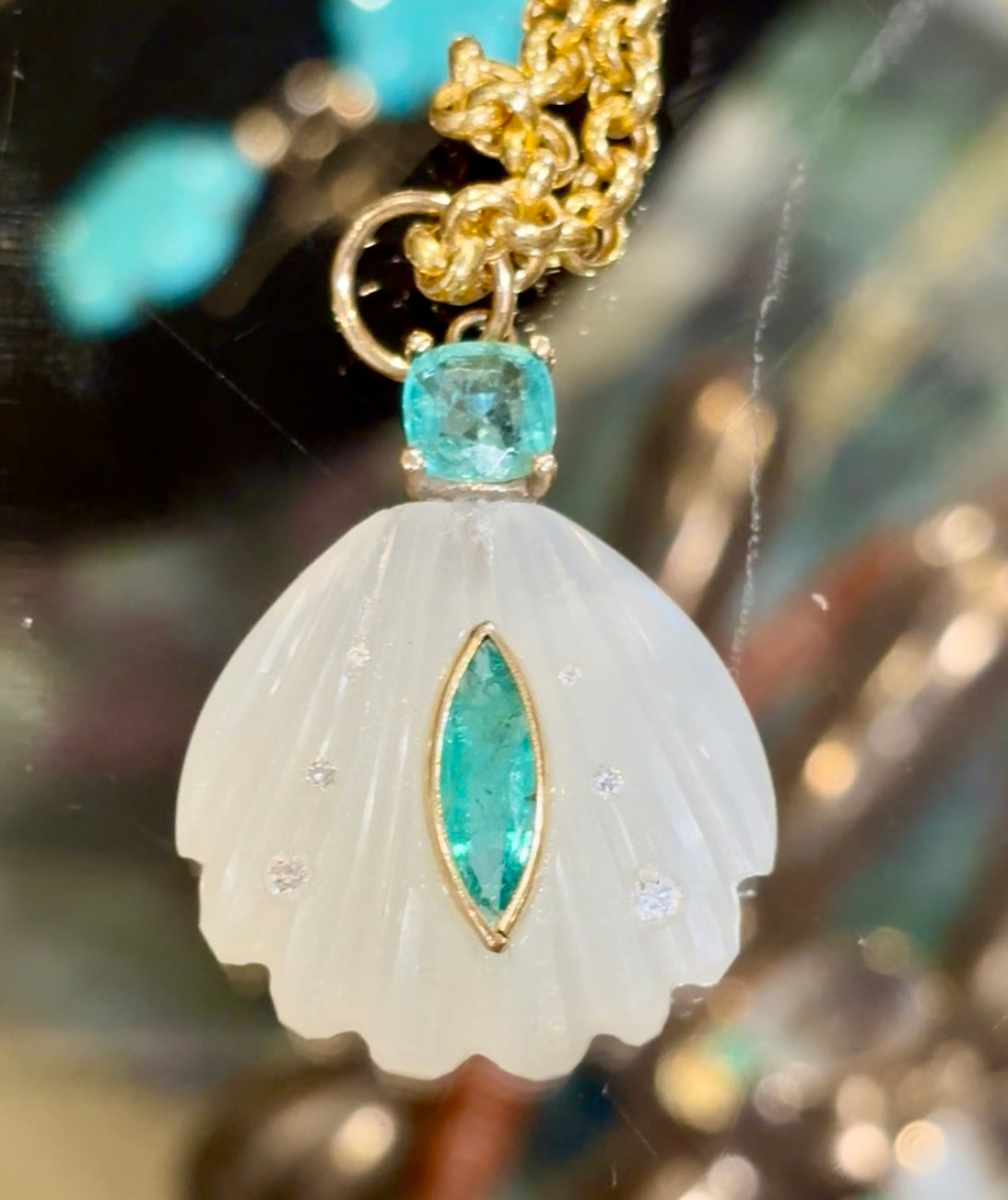 Sea Shell Pendant, Moonstone, Emeralds & Diamonds
