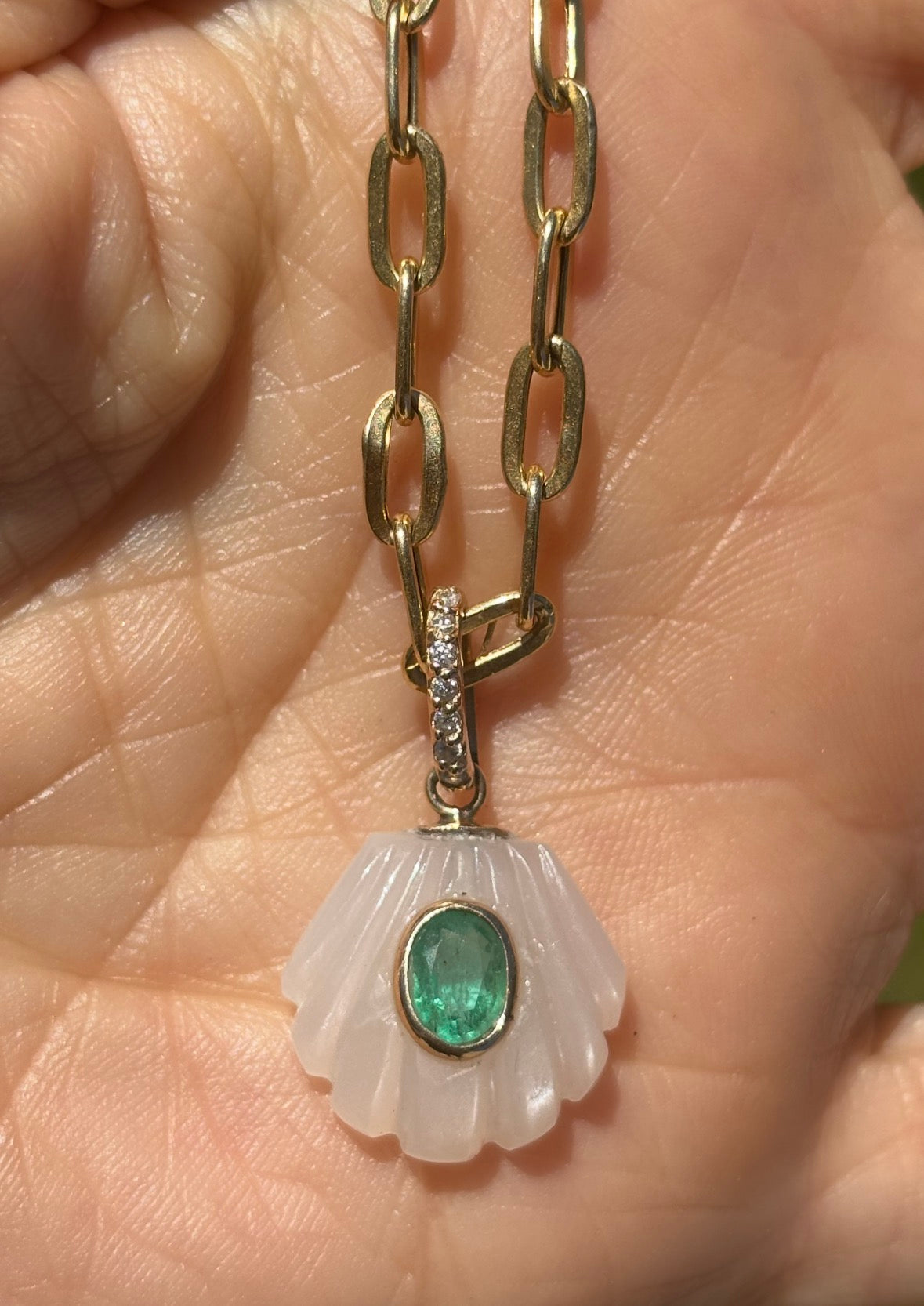 Moonstone Shell Pendant with Center Emerald & Diamond Bail