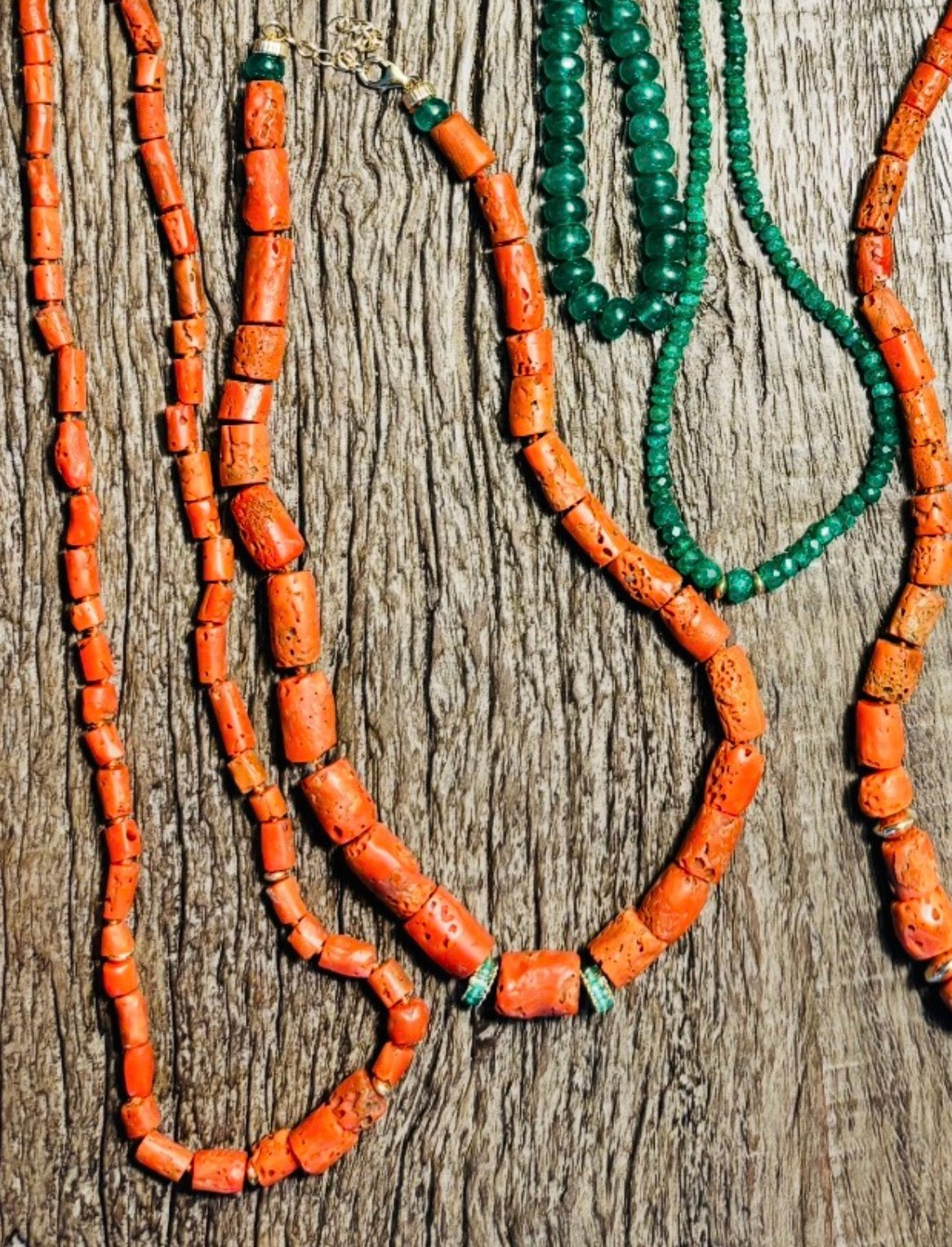 Emerald and 14k Gold Rondelle Beaded Necklace, 16”