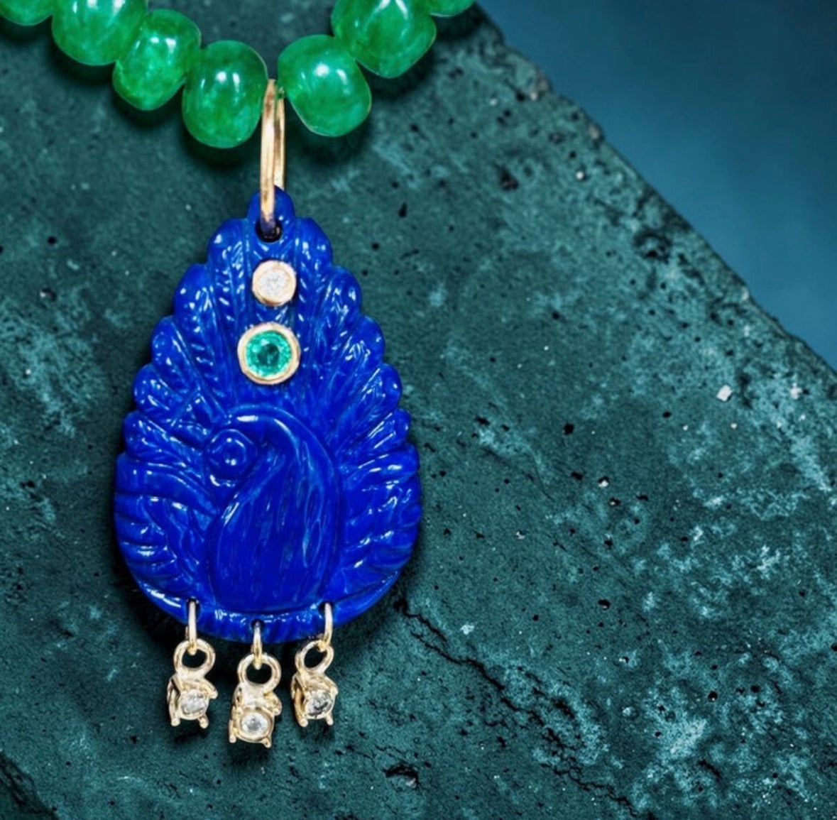Lapis Peacock Pendant with Emerald and Diamonds
