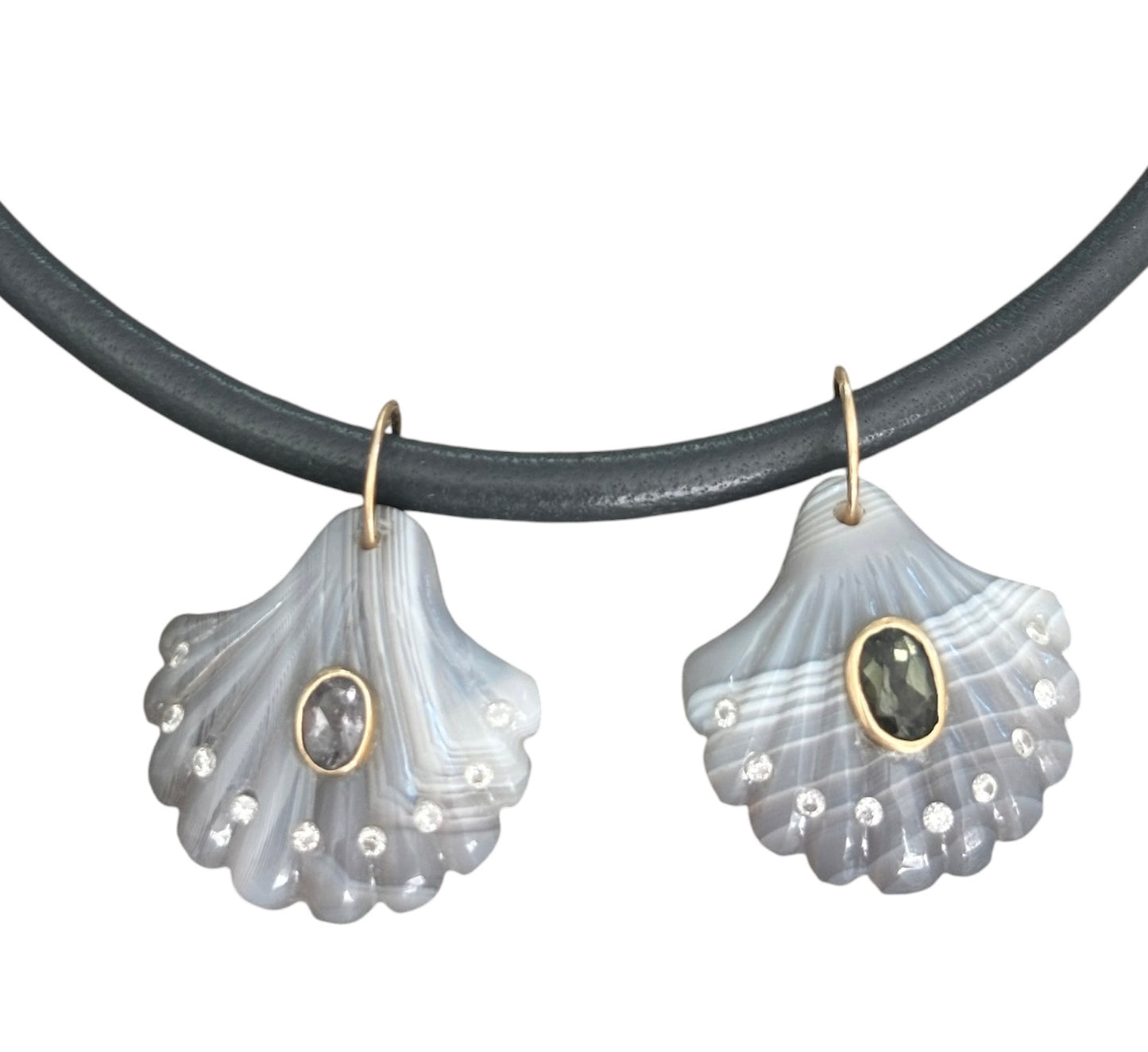 Laguna Agate Shell Pendant with Dark Grey Spinel & Diamonds