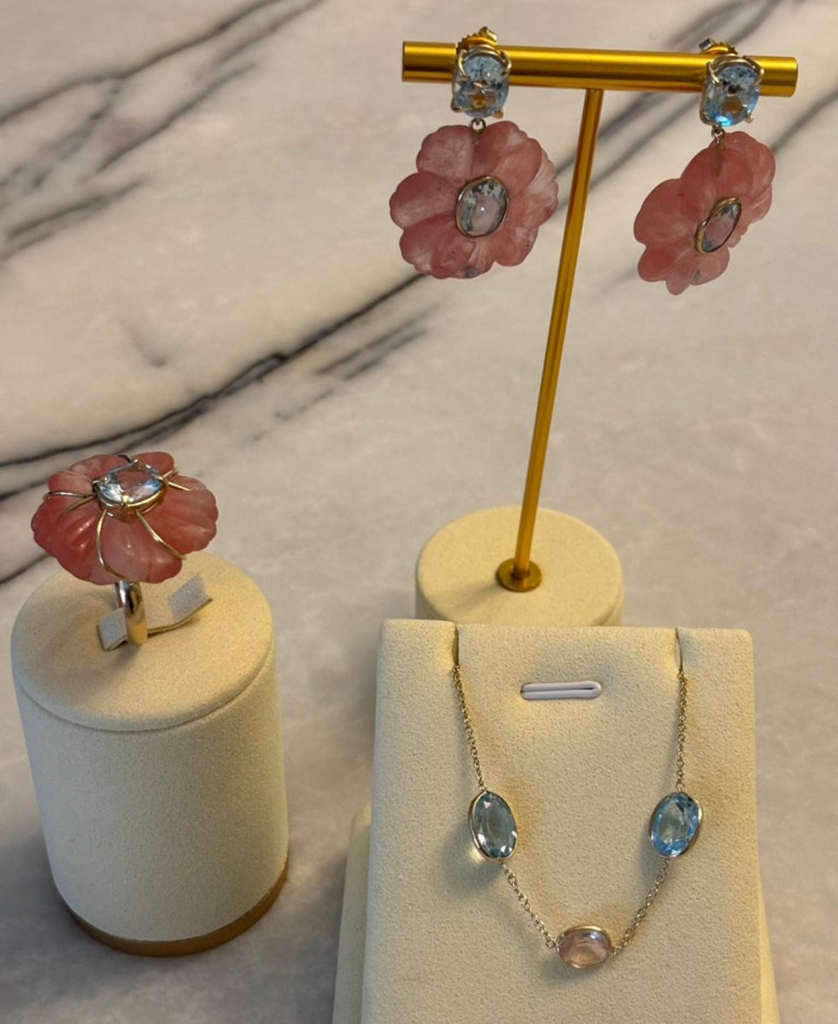 FLORA EARRINGS, Watermelon Quartz, Blue Topaz & 14k Gold