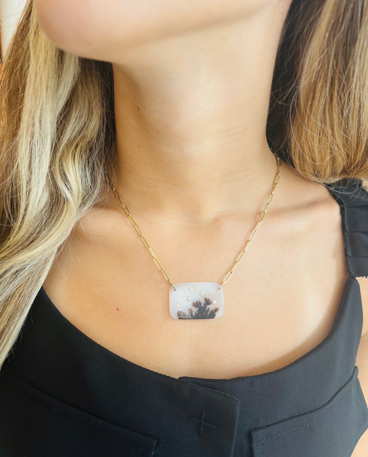 Dendritic Agate Necklace with Diamonds