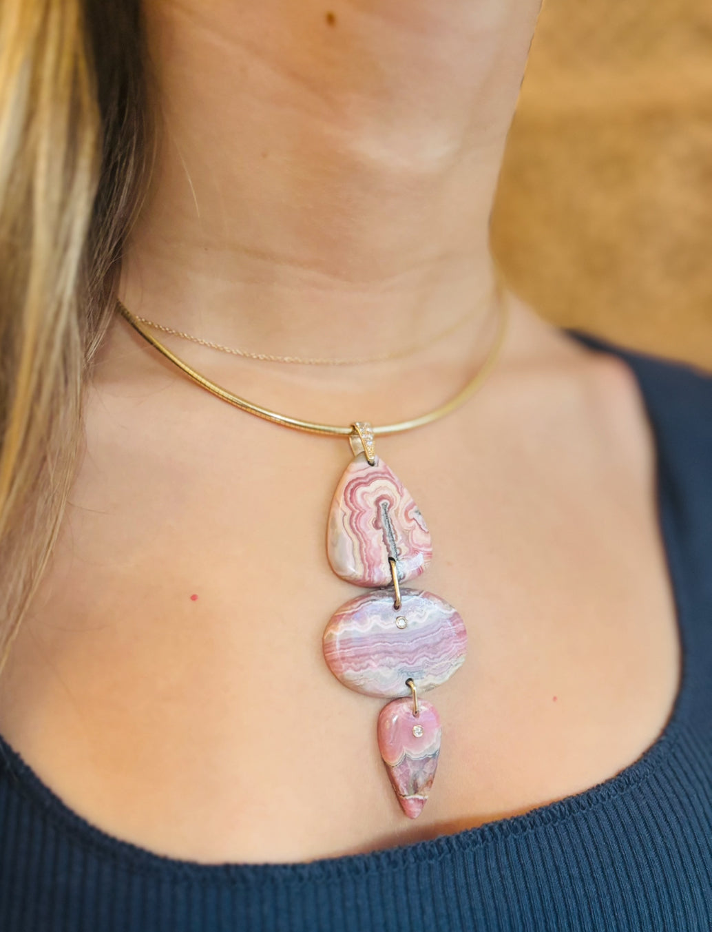 Rhodochrosite Triple Pendant with Diamonds
