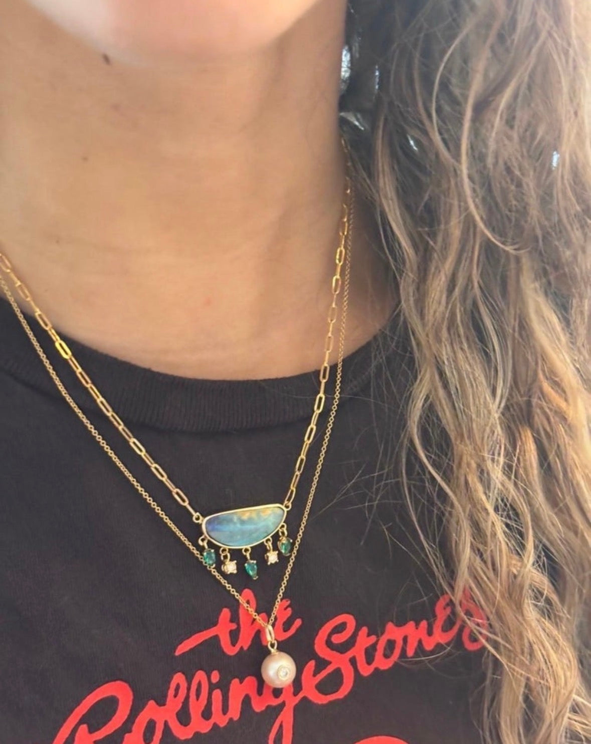 Australian Opal Necklace with Diamonds & Colombian Emeralds, 14k Paperclip Chain