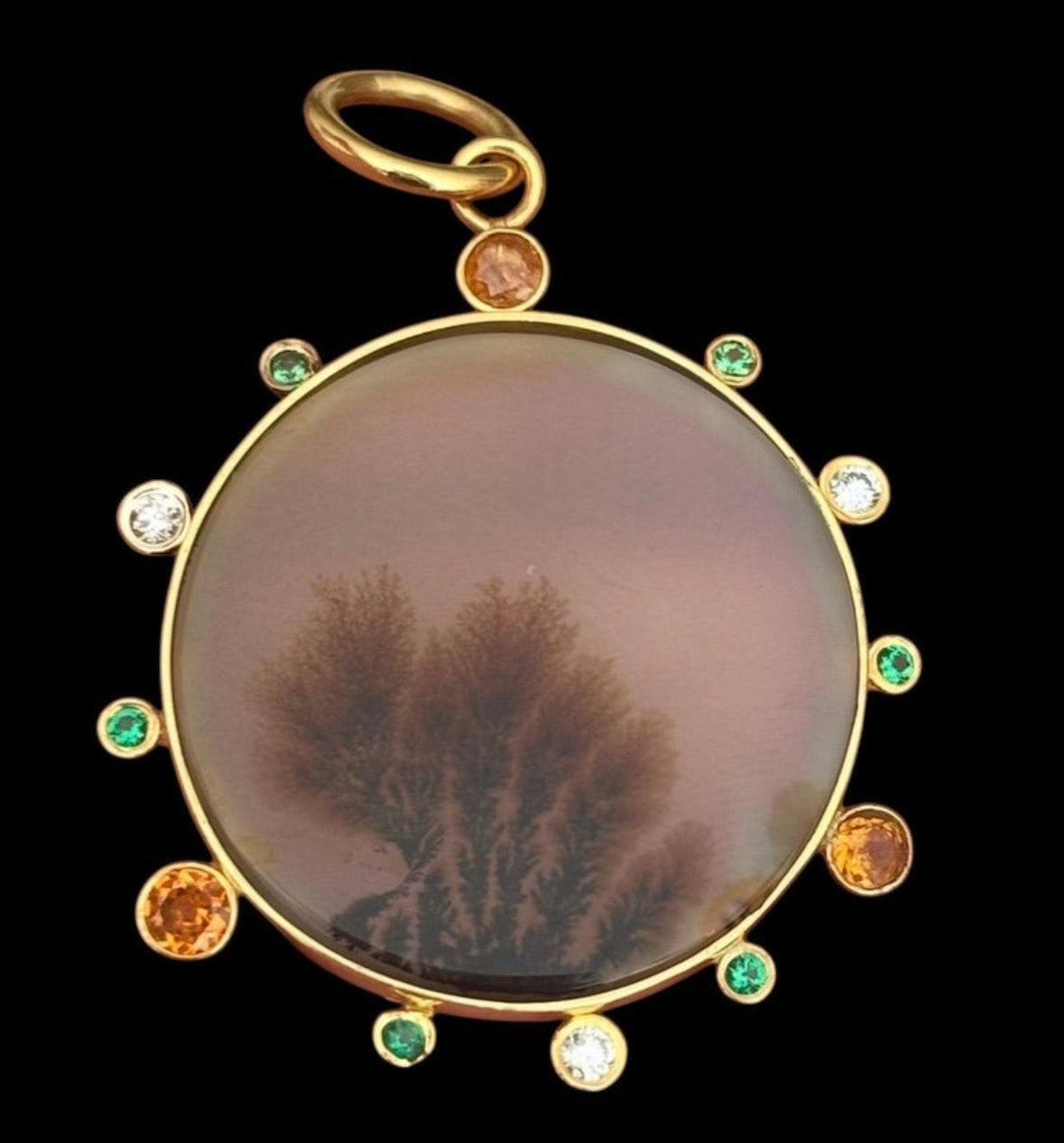 Dendritic Agate Pendant with Emeralds, Mandarin Garnets and 14k Gold