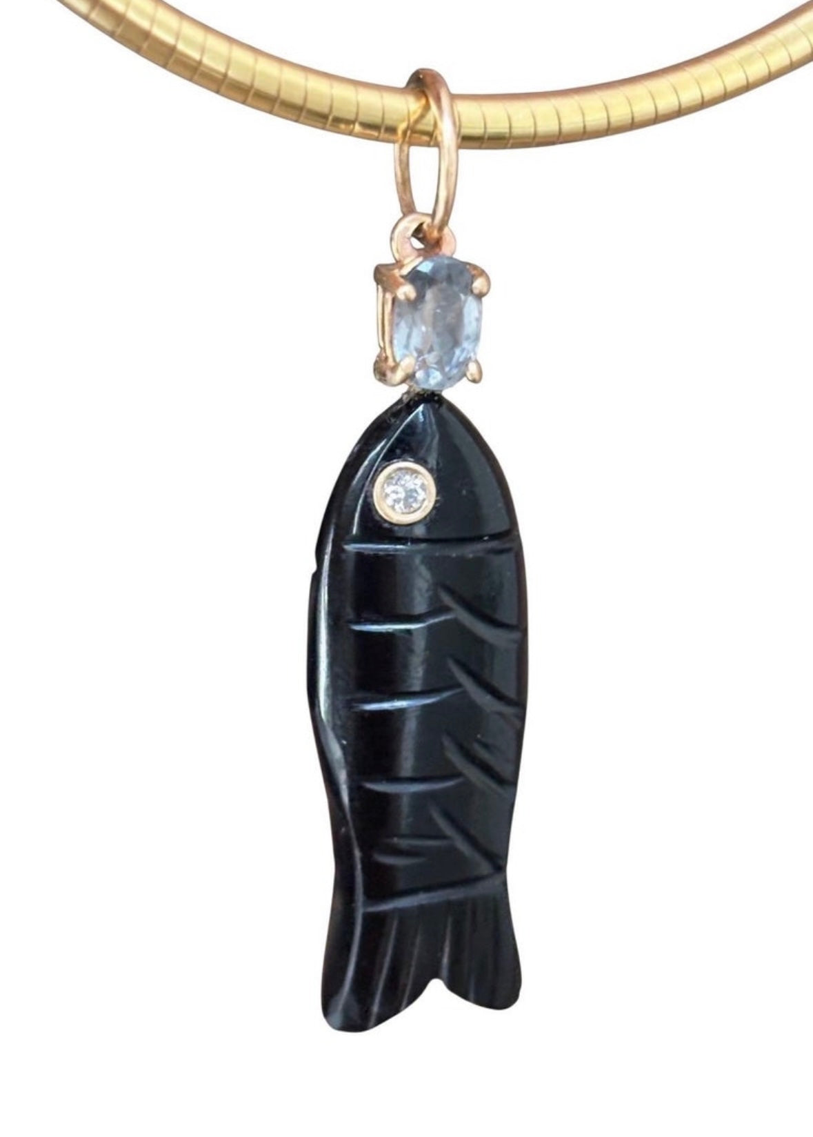 Perfect Poisson Pendant, Black Onyx, Diamond, Silver Spinel and 14k Gold