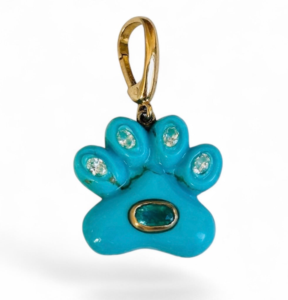 Dog Paw Pendant, Turquoise with Diamonds