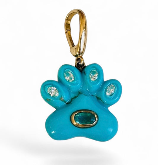 Dog Paw Pendant, Turquoise with Diamonds