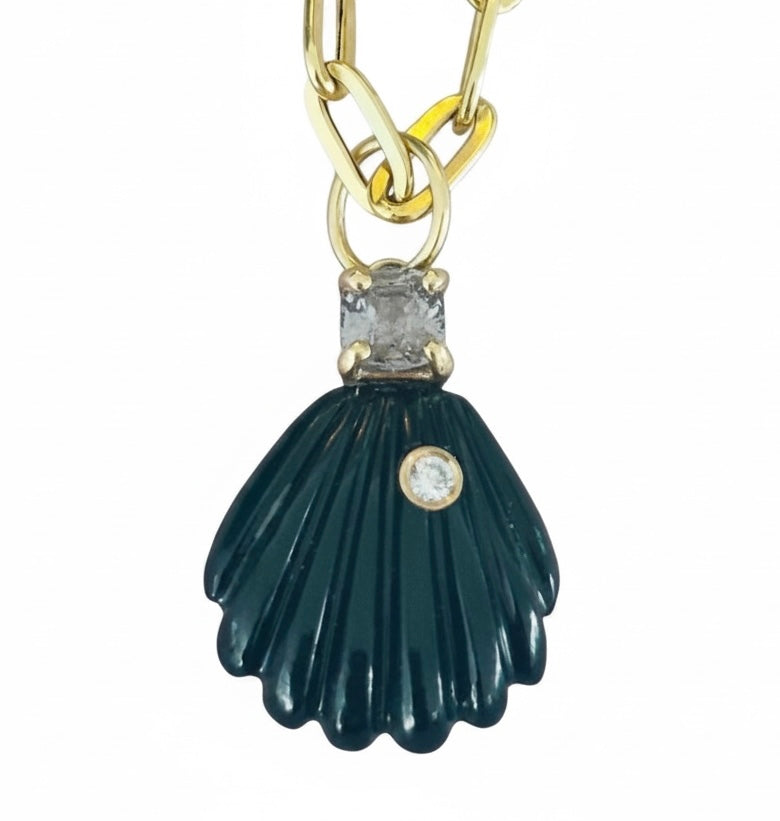 Black Onyx Shell Pendant with Diamond, Silver Spinel and 14k Gold