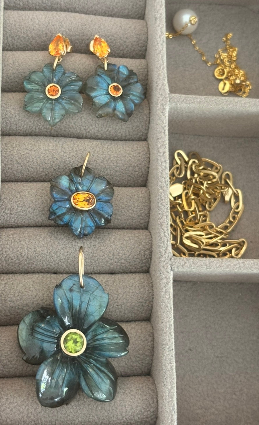 FLORA Earrings, Labradorite with Mandarin Garnets and Diamonds